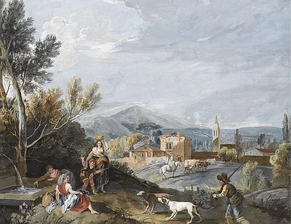 Paesaggio con contadini presso una fontana